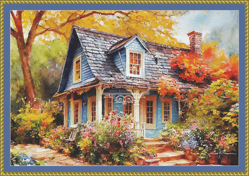 Cottage with amazing Garden on the River/ Large Cross Stitch